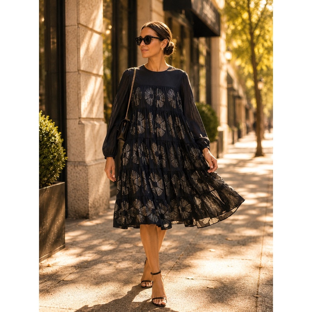 Merlette Navy Cotton Silk Metallic Floral‎ Tiered Babydoll Dress Oversized